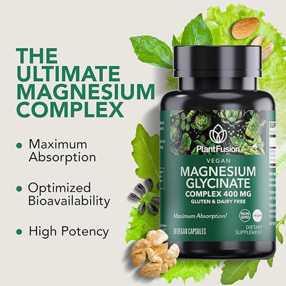 PlantFusion Vegan Magnesium Glycinate Complex 400 mg - High Absorption & Bioavailability - Chelated - Supports Muscle Relaxation, Sleep, Cardio Health, Stress Relief, and Energy Production - Non GMO