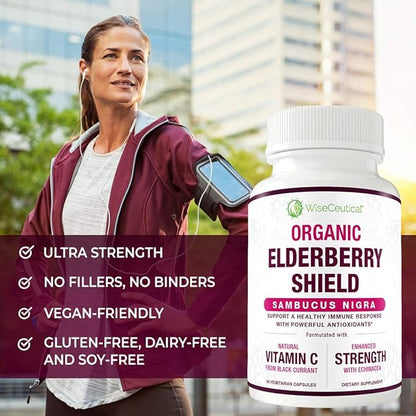 Max Strength USDA Organic Black Elderberry, Black Currant Extract & Echinacea | 3 in 1 Natural Immune Support & Vitamin C | Sugar-Free, Vegan-Friendly | Homeopathic Remedy | 60 Count