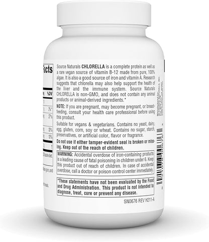 Source Naturals Chlorella 500 mg Green Superfood, Plant-Based B12-200 Tablets