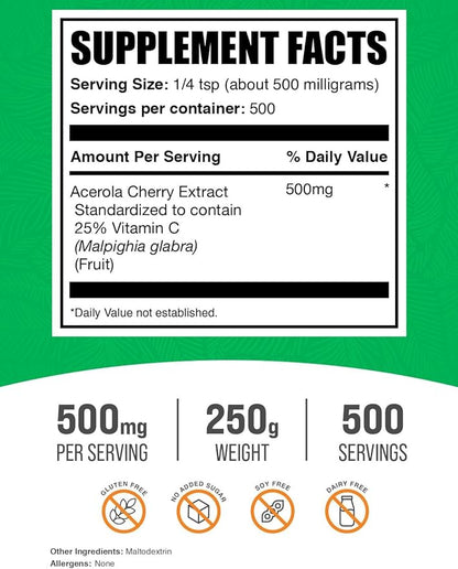 BulkSupplements.com Acerola Cherry Extract Powder - Natural Vitamin C Supplement, Acerola Cherry Powder - Vegan & Gluten Free, 500mg per Serving, 250g (8.8 oz) (Pack of 1)