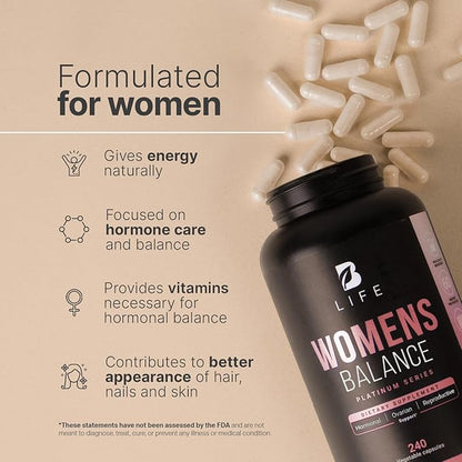 Women's Balance Supplement with Natural Ingredients: Dim, Dong Quai, BioPerine®, Myo & D-Chiro Inositol | 240 Caps - 120 Days | 400mg of Dim per Serving | Hormone Balance | Made in The USA by B Life.