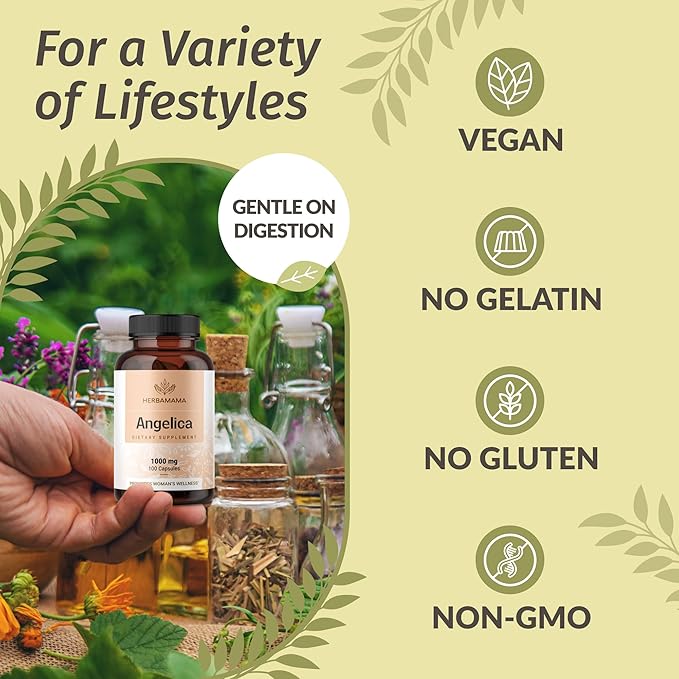 HERBAMAMA Dong Quai Supplement - 1000mg Angelica Root for Women's Support - Dong Quai Powder Capsules - Vegan, Non-GMO Angelica Herb Antioxidant Supplement for Women, 100 Caps