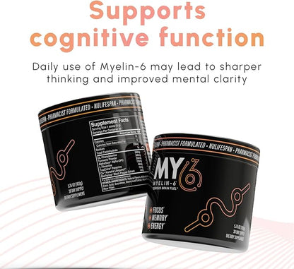 Myelin-6 Drink Mix - Focus Supplement & Brain Health with AlphaSize, L-Theanine, Teacrine, Memory & Cognitive Function Support, 30-Day, with Shaker Bottle & Stainless Steel Scoop