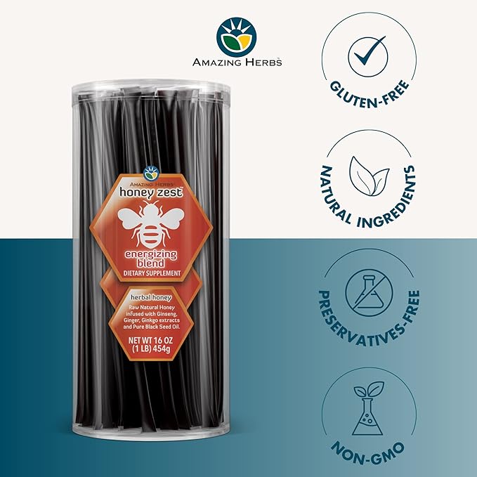 Amazing Herbs Raw Natural Honey - Herbal Honey Infused with Ginseng, Ginger, Ginkgo Extracts & Pure Black Seed Oil, Non GMO, Gluten Free Immune Booster - Honeyzest Energizing Straws, 100 Count