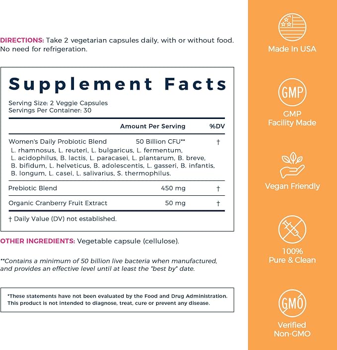 NewRhythm Women's Probiotics, Organic Cranberry for Women's Vaginal Health, 50 Billion CFU 18 Strains, Probiotics and Prebiotics, Support Digestive Health, 60 Vegan Capsules