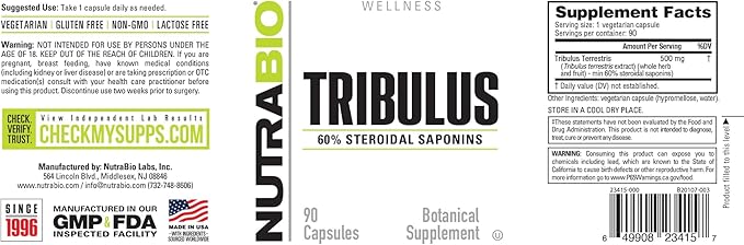 NutraBio Tribulus Terrestris Extract Supplement, 500mg - Tribulus Terrestris for Men and Women- Natural Vitality Booster, 90 Capsules