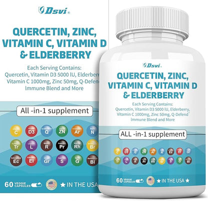 Quercetin 1000mg Zinc 50mg Vitamin C 1000mg Vitamin D 5000IU Immune System Support Supplement with Echinacea Ginger Bromelain Sea Moss Garlic Nettle Vegan Capsules for Men and Women,60 Count USA