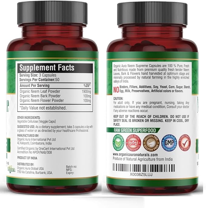 Organic Aura Neem Supreme Capsules. 150 Veg Capsules. Triple Complex - Max Strength Pure High-Potency Azadirachta Indica Capsule. Natural Antioxidant, Skin Health, Abundant Immunity Support.