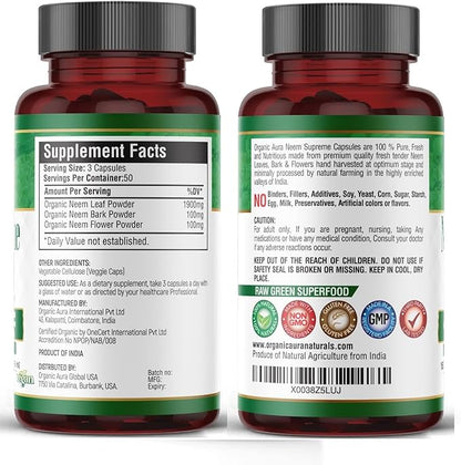 Organic Aura Neem Supreme Capsules. 150 Veg Capsules. Triple Complex - Max Strength Pure High-Potency Azadirachta Indica Capsule. Natural Antioxidant, Skin Health, Abundant Immunity Support.