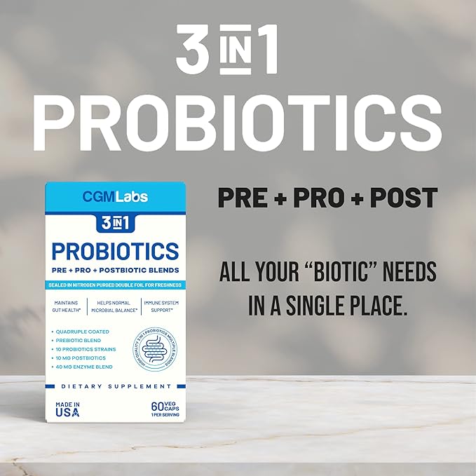 Probiotics 3 in 1 - Prebiotics + Probiotics + Postbiotics All in one! Nitrogen Purged, Individually Packed in Double-foil Blister for Freshness - 60 Veg caps by CGM Labs