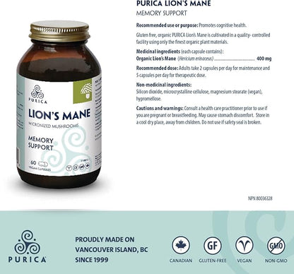 PURICA - Lion's Mane Micronized Mushrooms, 60 Vegan Capsules - Promotes Cognitive Health - Focus and Memory Support