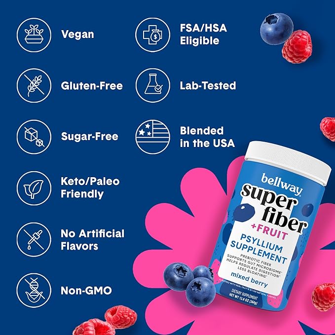 Bellway Super Fiber Powder + Fruit, Sugar Free Organic Psyllium Husk Powder Fiber Supplement for Regularity, Bloating Relief & Gut Health, Non-GMO, Plant-Based, Mixed Berry (50 Servings)