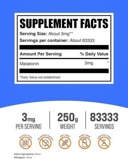 BulkSupplements.com Melatonin Powder - Sleep Supplement, Melatonin for Adults, Melatonin 3 mg - Vegan Melatonin, Pure & Gluten Free, 3mg per Serving, 250g (8.8 oz) (Pack of 1)