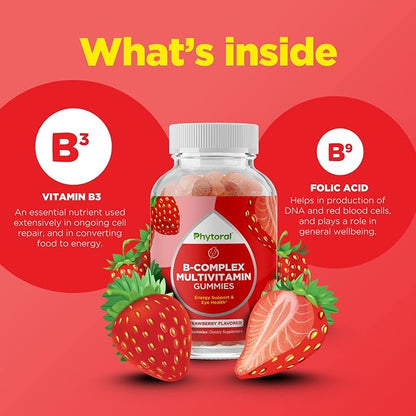 Vitamin B Complex Gummies for Adults & Kids - B Vitamins Complex with Thiamin, Riboflavin, Niacin, 6, 12 and Folate - Blend Supplement for Nervous System Support, Energy & High Strength - 60 Gummies
