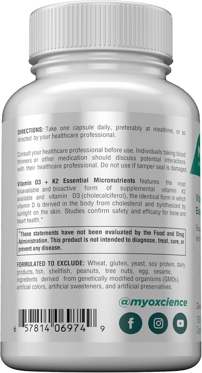 MYOXCIENCE Vitamin D3 + K2 Essential Micronutrients | Vitamin D3 5,000 IU | Vitamin K2 as MK-7 90 mcg (90 Vegetarian Capsules)