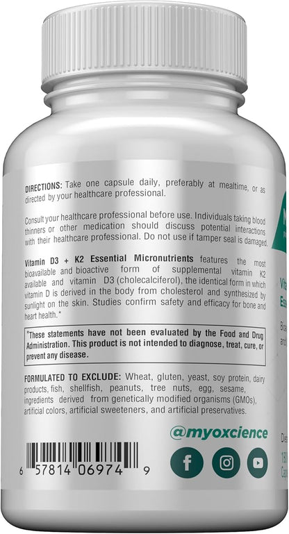 MYOXCIENCE Vitamin D3 + K2 Essential Micronutrients | Vitamin D3 5,000 IU | Vitamin K2 as MK-7 90 mcg (90 Vegetarian Capsules)