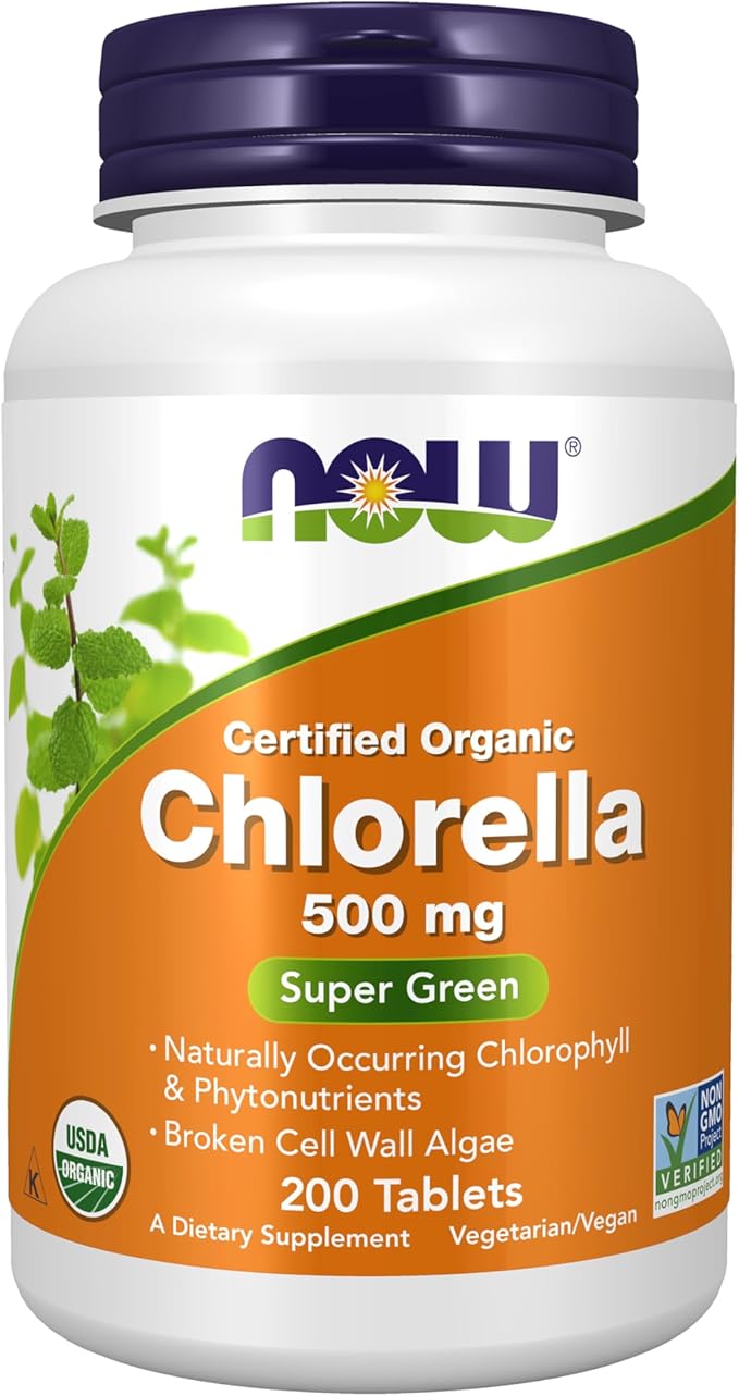 NOW Foods Supplements, Organic Chlorella 500 mg with naturally occurring Chlorophyll, Beta-Carotene, mixed Carotenoids, Vitamin C, Iron and Protein, 200 Tablets