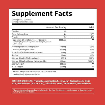 Magnesium Glycinate Gummies 1000mg - Sugar Free Magnesium Potassium Supplement with Vitamin D, B6, CoQ10 for Calm Mood & Sleep Support - 60 Strawberry Gummies