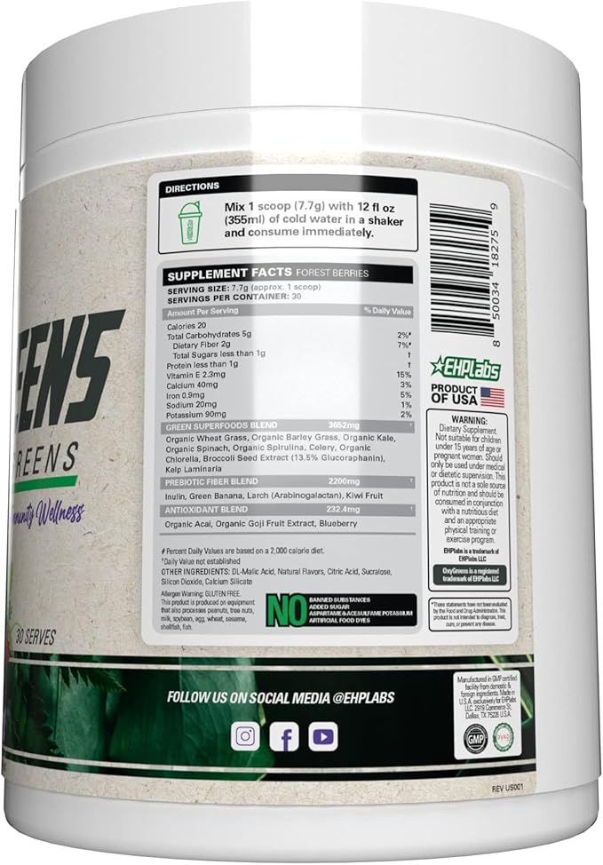 EHP Labs OxyGreens Super Greens Powder - Daily Greens Spirulina, Greens Superfood Powder & Greens Supplements Powder, Supergreens Antioxidants & Immunity Support, 30 Serves (Forest Berries)