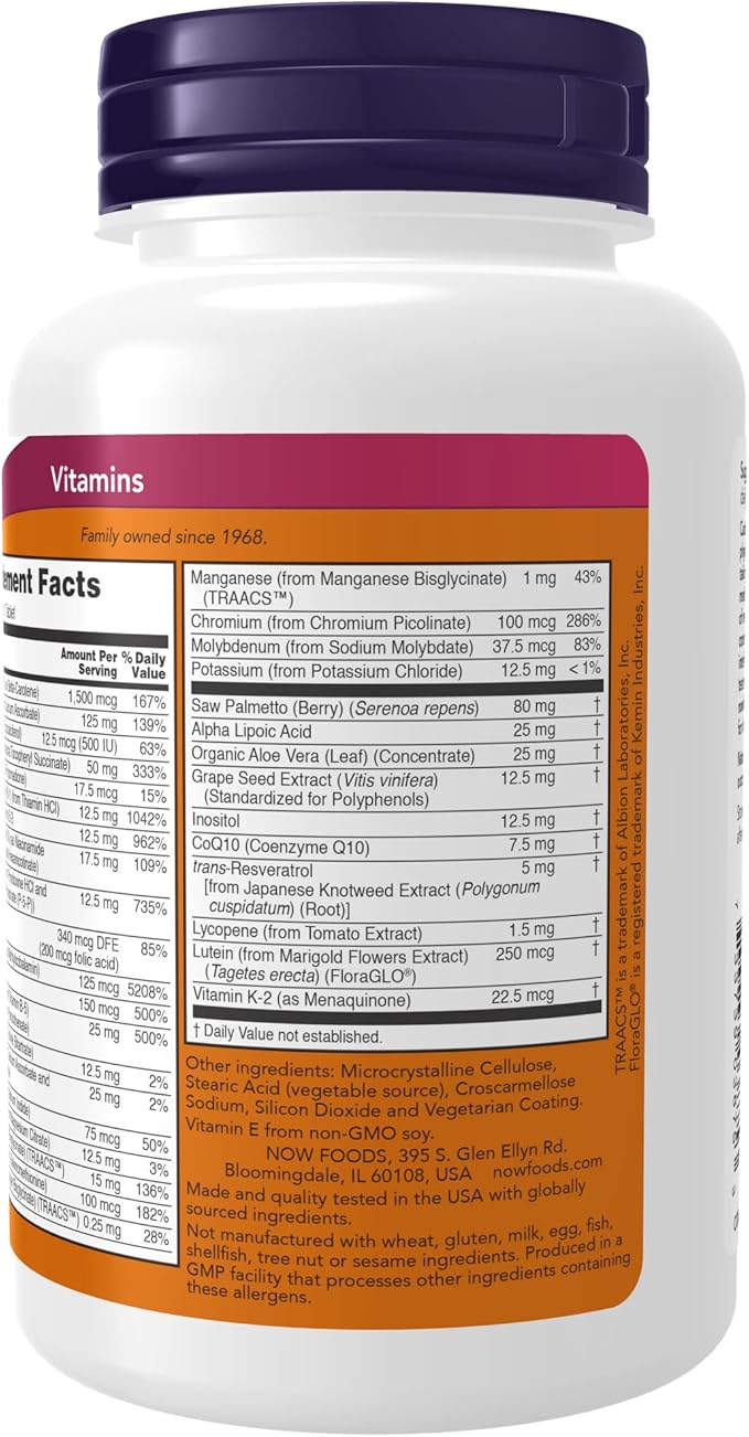 NOW Supplements, ADAM™ Men's Multivitamin with Saw Palmetto, Lycopene, Alpha Lipoic Acid and CoQ10, Plus Natural Resveratrol & Grape Seed Extract, 60 Tablets (Pack of 2)