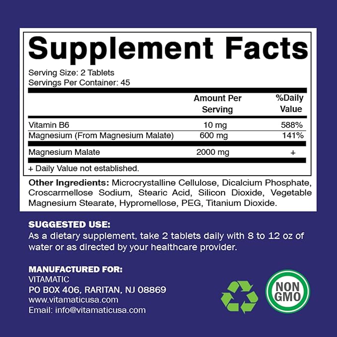 Vitamatic Magnesium Malate 2000mg per Serving - 90 Vegetarian Tablets - Added B6 for Maximum Absorption - Supports Muscle, Joint, and Heart Health* (2 Bottles, Unflavored)
