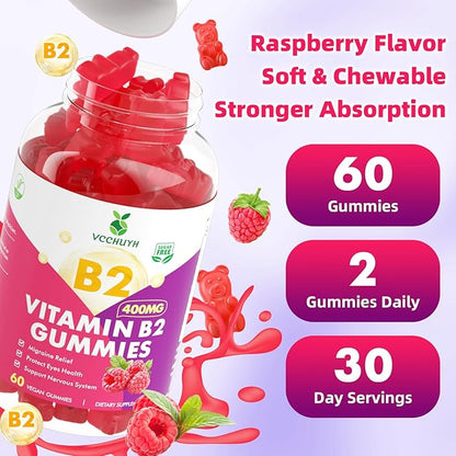 Vitamin B2 Gummies for Kids & Adults, VIT B2 Riboflavin 400mg Supplement with Magnesium for Migraine Relief & Nervous System Support, Non-GMO, Vegan, Raspberry Flavor 120 Count