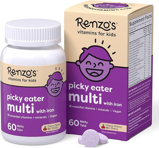 Renzo's Picky Eater Kids Multivitamin with Iron, Dissolving Kids Vitamins with Vitamin D3 & K2 and More, 60 Sugar-Free Melty Tabs, Cherry Cherry Mo’ Cherry Flavored