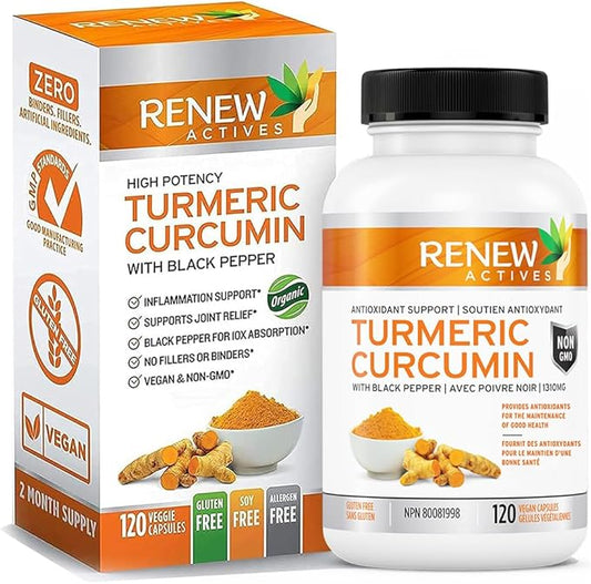 Renew Actives Turmeric Curcumin with Black Pepper – 600MG Turmeric Root, 100MG Curcuminoids per 2 Capsules – Supports Digestion, Liver Health, Joint Relief & Mobility – Made in Canada – 120 Capsules