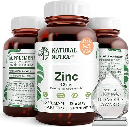 Natural Nutra Zinc Gluconate 50mg Supplement for Immune Support, Promotes Skin Health, Provides Ease From Flu & Cold, Boost Learning & Memory, Enhance Taste & Smell, Gluten Free 50mg 100 Vegan Tablets