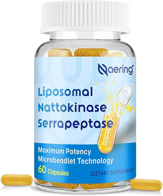 Liposomal Nattokinase 12,000 FU Serrapeptase 360,000 SPU Enzyme Supplement - Enriched with Synergistic Enzymes and Nutrient Blend & Inulin for Circulatory, Gut, Digestion 60 Capsules (1 Bottle)