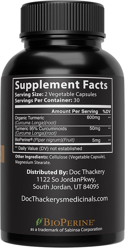 Turmeric Curcumin, with BioPerine, 650mg, Capsules - 95% Curcuminoids, Black Pepper Fruit Extract, Maximum Absorption - High Potency Turmeric Supplement - (60 Count Bottle)
