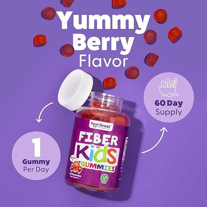 The Feel Great Vitamin Company Fiber Gummies for Kids for Digestive Support | Constipation Relief for Kids | Fruity Flavored Chewable Fiber Gummies | Vegetarian Supplements | 60 Day Supply