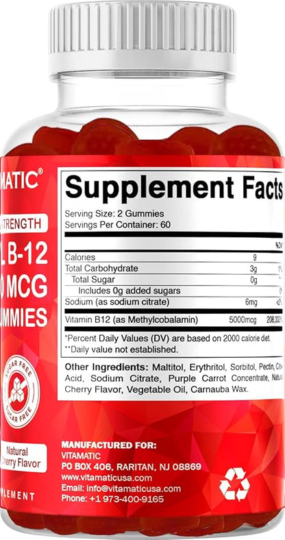 Vitamatic Extra Strength Vitamin B12 5000 mcg (Methyl B12) Gummies - 120 Count - Energy Metabolism Support and Nervous System Health Support, Natural Cherry Flavored (1)