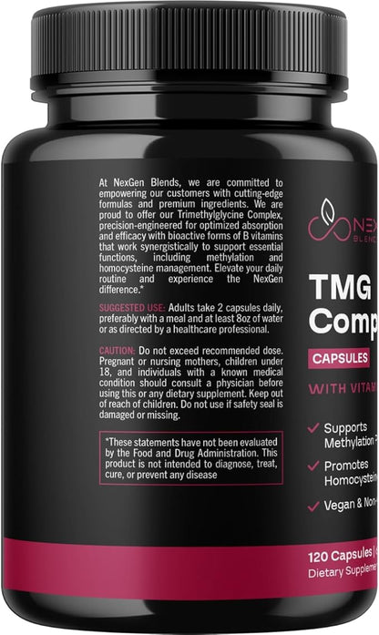 TMG Trimethylglycine Supplement with Methyl B Complex - 500mg Betaine TMG Supplement with Methylated Vitamin B Co Factors for Homocysteine Heart & Liver Support - Vegan & Non-GMO (2 Month Supply)