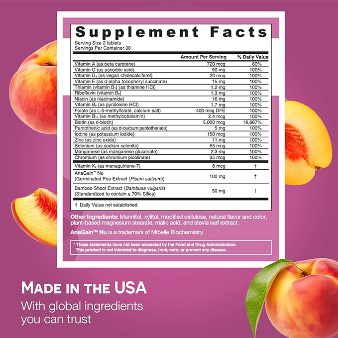 EZ Melts Dissolvable Women’s Multivitamin + Hair Growth with Biotin, Bamboo Extract & Clinically Studied AnaGain™ Nu, Supports Visibly Healthier, Stronger Hair, Sugar-Free Peach Flavor, 1-Month