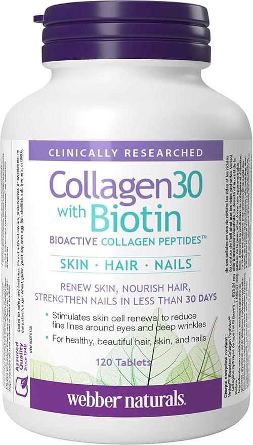 Webber Naturals Collagen30 with Biotin, 2,500 mg of Bioactive Collagen Peptides with 5,000 mcg of Biotin Per Serving, 120 Tablets, For Advanced Nourishment of Skin, Hair and Nails, Dairy & Gluten Free