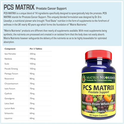 PCS Matrix - Lower PSA Levels for Healthy Prostate - 100% Natural Ingredients: Saw Palmetto, Rabdosia, Scute, Plantago Focium, Chrysantaomum, Ganoderma, Lotus Seed - Vegan Capsules (60ct)