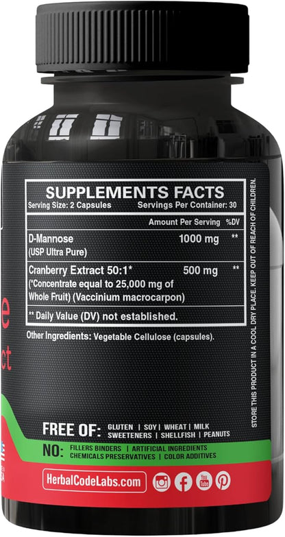 D-Mannose with Cranberry Extract Capsules 1500mg – High Potency USP Grade D-Mannose Supplement with Whole Fruit Cranberry Powder – Urinary Tract Support – Non-GMO 60 Capsules