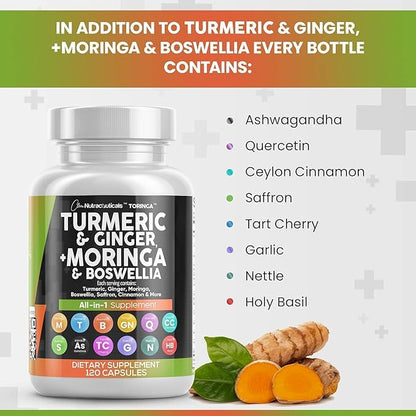 Turmeric Moringa Supplement | Ginger Boswellia Saffron - Supplement for Women and Men with Ceylon Cinnamon, Tart Cherry, Quercetin Garlic Nettle Holy Basil - 5Pack