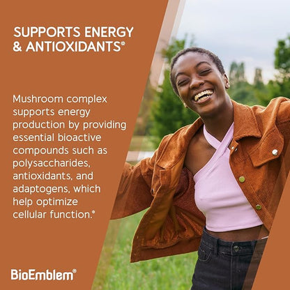 BioEmblem Mushroom Complex - 10:1 Strength and 7 Species - Lions Mane, Reishi, Cordyceps, Chaga, Maitake, Shiitake Mushroom Supplement - Immunity, Energy & Focus, Brain - Non-GMO, Vegan - 90 Caps