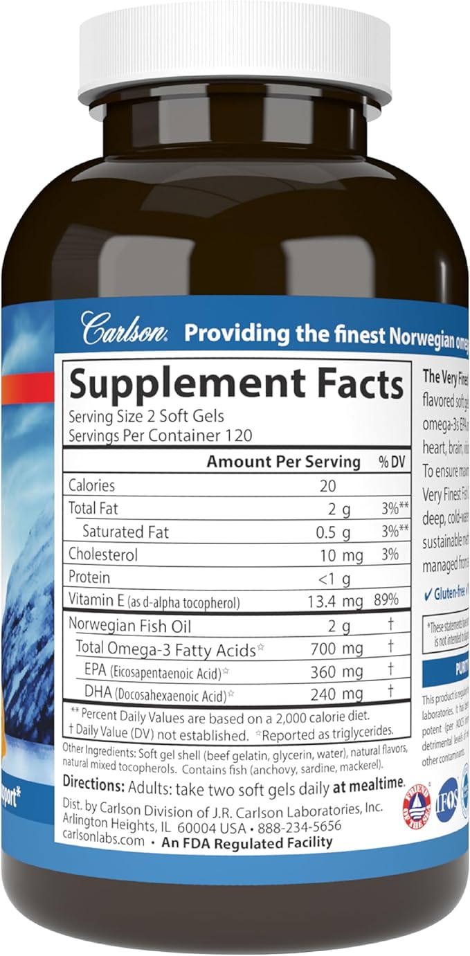 Carlson - The Very Finest Fish Oil, 700 mg Omega-3s, Norwegian Fish Oil Supplement, Wild Caught Omega 3 Fish Oil, Sustainably Sourced Fish Oil Capsules, Omega 3 Supplement, Lemon, 240 Softgels