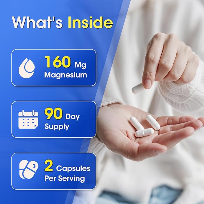 Magnesium Bisglycinate 100% Chelated, Maximum Absorption, Magnesium Supplement for Sleep & Calmness, Supports Heart Healthy, Muscle & Bones, Non-GMO, 180 Capsules