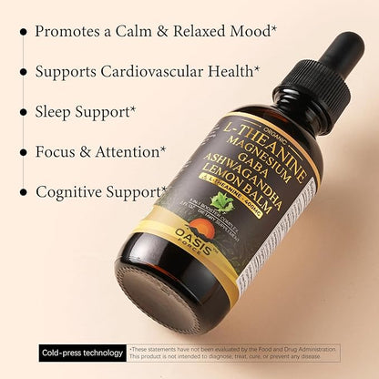 Oasisforce L Theanine 400mg Liquid Drops, L-Theanine Supplement for Adults & Kids with GABA, Magnesium & Ashwagandha, Natural Sleep, Focus & Relaxation Support, Vegan, Alcohol-Free, Non-GMO, 2 FL OZ