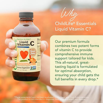 CHILDLIFE ESSENTIALS Liquid Vitamin C - Vitamin C Liquid for Kids, Toddlers, & Babies, Pure Vitamin C Supplement, Immune System Support, Natural Orange Flavor, 4 Fl Oz (Pack of 1)