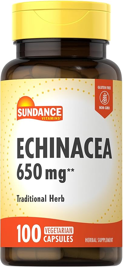 Sundance Echinacea 650mg | 100 Capsules | Traditional Herb Supplement | Vegetarian, Non-GMO, and Gluten Free Formula