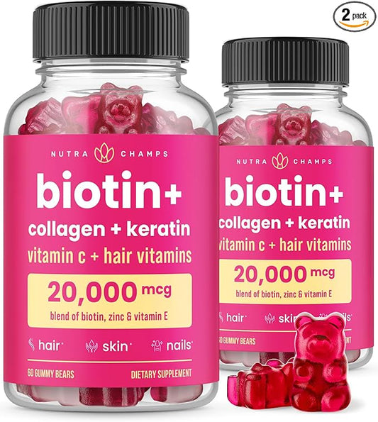 NutraChamps Hair Skin & Nails Gummies, Biotin with Collagen & Keratin, 5000mcg Biotin Beauty Complex, Vitamin Supplement, Berry, 120 Count, Healthy Hair, Radiant Skin & Strong Nails (Pack of 2)