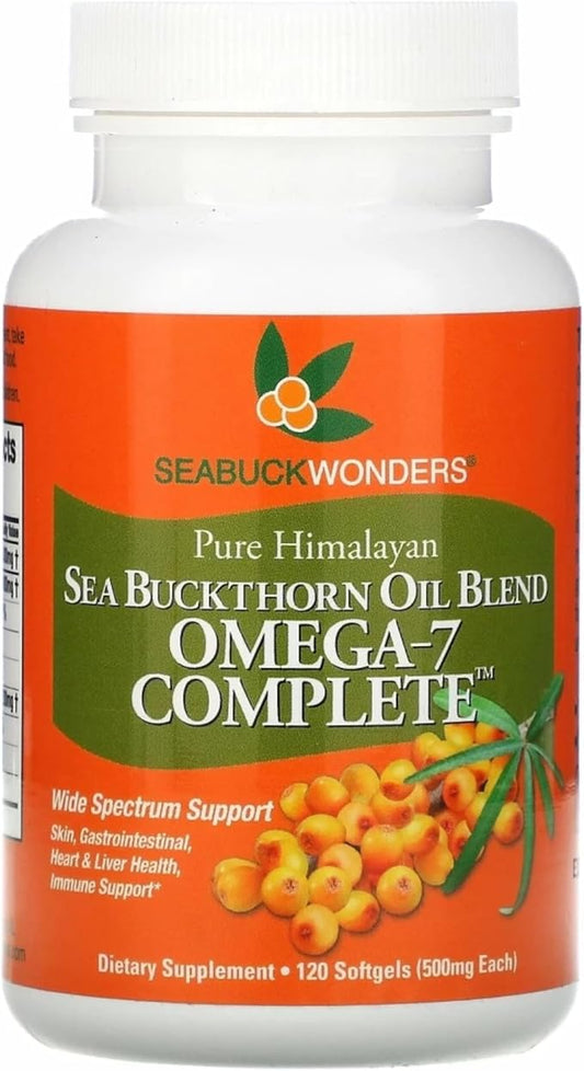 Organic Sea Buckthorn Oil, Omega-7 Complete Softgels, 120 Count, with Omega 3, 6 & 9, Supports Hair, Skin & Nail Health, 1000mg per Serving