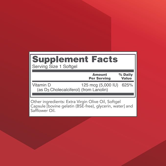 PROTOCOL FOR LIFE BALANCE - Vitamin D3 5000 IU (High Potency) Supports Calcium Absorption, Bone and Dental Health, Immune System Function, Nervous System, and Cognitive Function - 120 Softgels