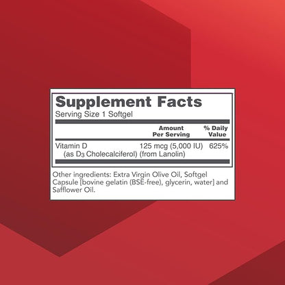 PROTOCOL FOR LIFE BALANCE - Vitamin D3 5000 IU (High Potency) Supports Calcium Absorption, Bone and Dental Health, Immune System Function, Nervous System, and Cognitive Function - 120 Softgels