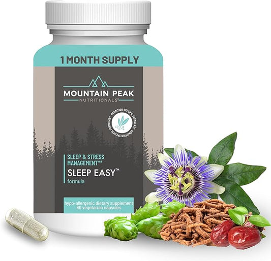 Mountain Peak Nutritionals Sleep Easy - Sleep Support Supplement Promoting A Relaxed & Calm Mood - 5-HTP, Amino Acids, Melatonin, & Magnesium - Hypoallergenic Dietary Supplement (60 Capsules)